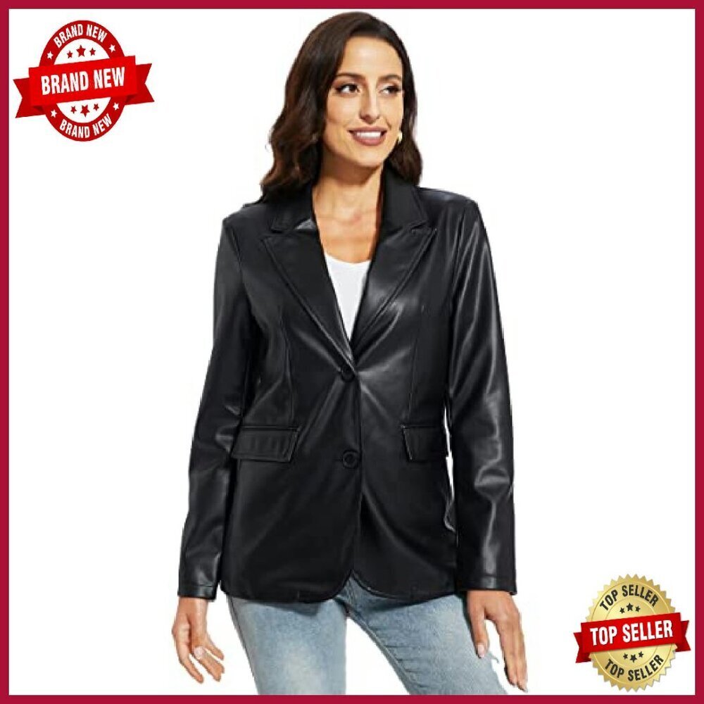 Oversized Faux Leather Blazer Jacket Moto Biker Coat Vegan Pleather - Picture 4 of 7